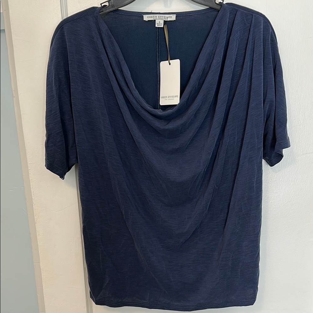 Green Envelope Navy Draped Cowl Neck Short Sleeve Top